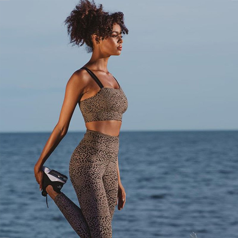 Leopard Women Yoga set Outfit High Waist Legging Sports Bras Top Gym Running - KiwisLove