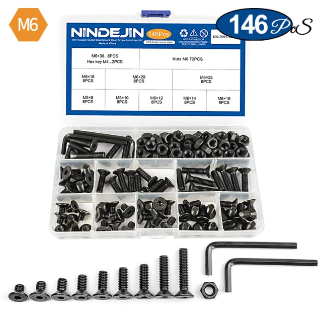 NINDEJIN hexagon socket countersunk head screw kit carbon steel flat head - KiwisLove