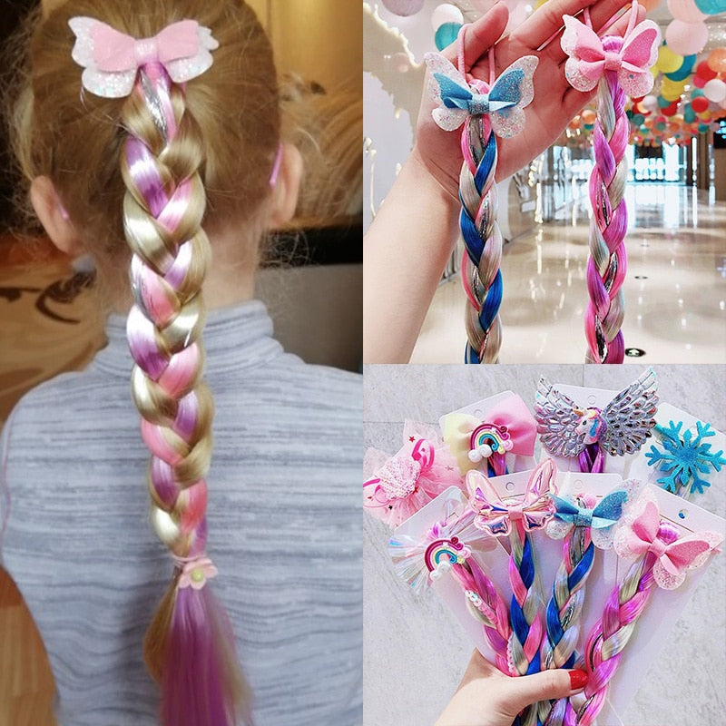 2021 New Girls Cartoon Bow Butterfly Colorful Braid Headband Kids Ponytail - KiwisLove