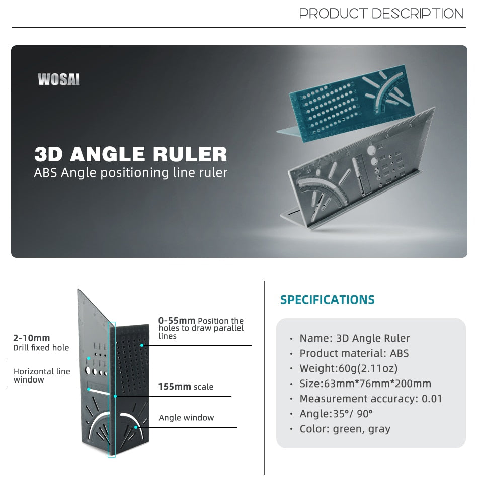 Angle Ruler 3D Mitre Gauge Square Size Marking Angle Measuring - KiwisLove