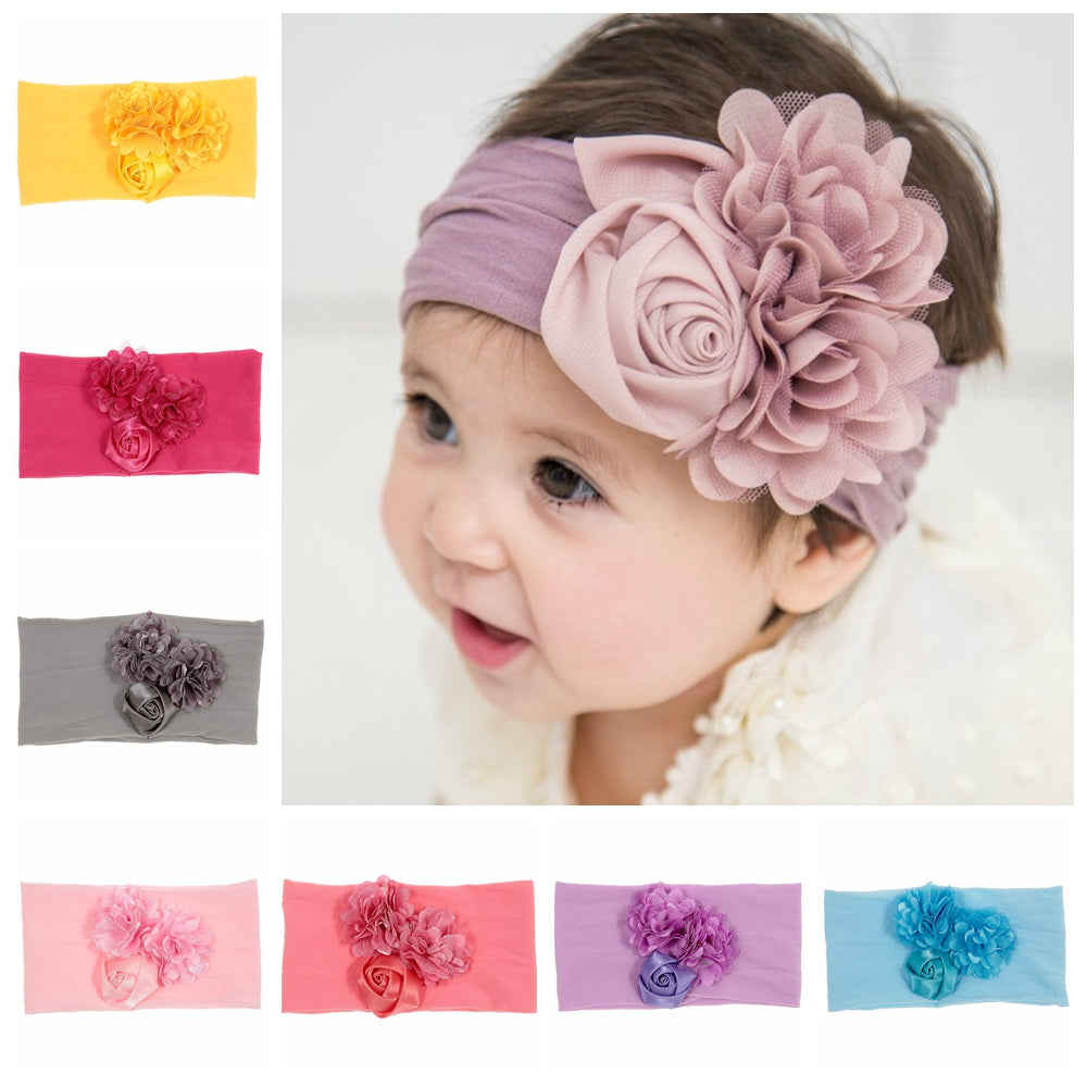 Soft Stretch Satin Rose Flower Baby Headband Newborn Knot Wide Nylon Headwraps T - KiwisLove