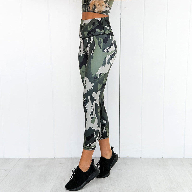Zipper Women Yoga Set Vest Top+Leggings Gym Wear Running Camo Workout Tracksuit - KiwisLove