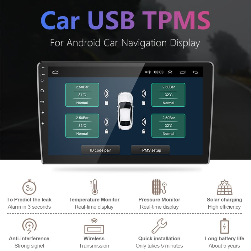 USB Android TPMS Car Tire Pressure Alarm Monitor  Temperature Warning - KiwisLove