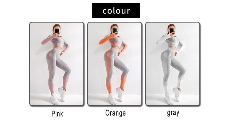 Women Seamless Yoga Sets Fitness Gym Wear Long Sleeve Shirts High Waist Running Leggings - KiwisLove