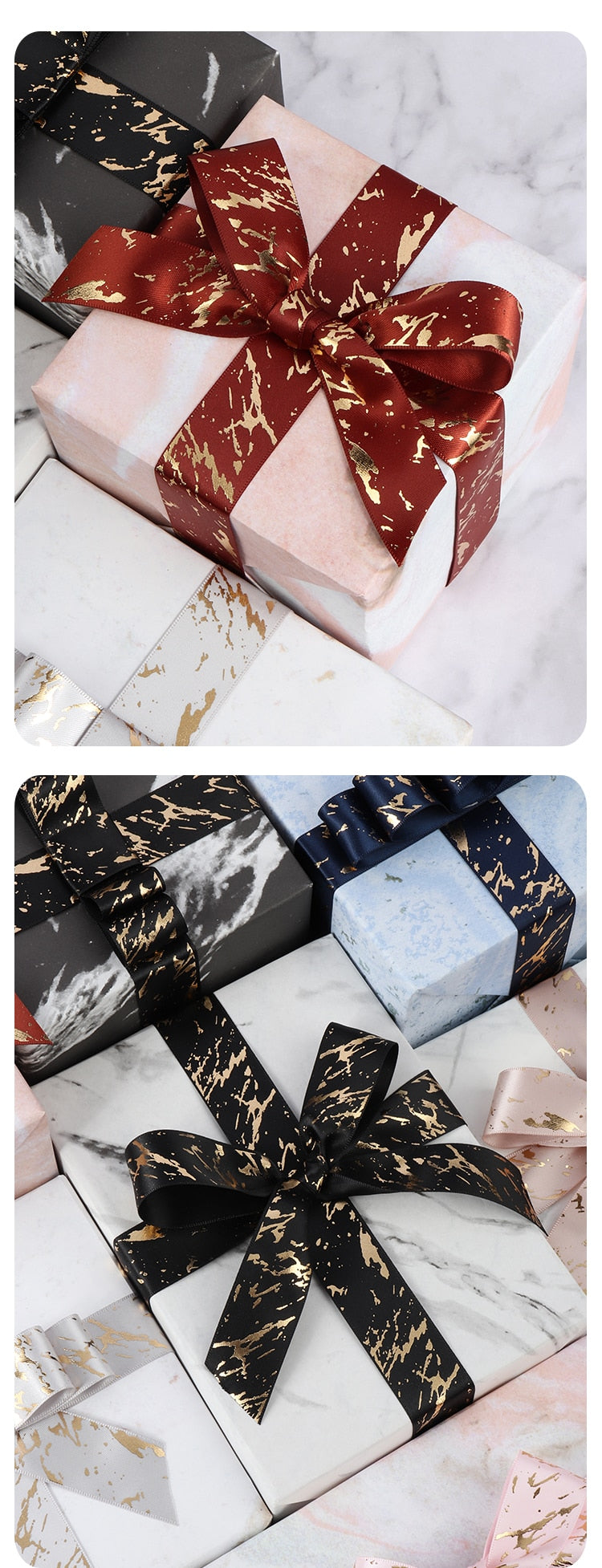 25mm Gift Ribbon Satin Marble/Crack Gold Foil Printed For Gift Wrapping Home Decor Handmade Hair Bow Material DIY Craft Ribbon - KiwisLove