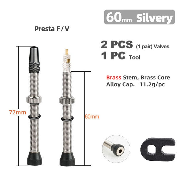 Deemount  2PCS Bicycle Tubeless Tire Presta Valve Brass Core Brass Stem W/ Alloy & Tool - KiwisLove