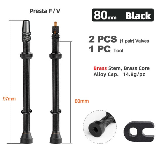 Deemount  2PCS Bicycle Tubeless Tire Presta Valve Brass Core Brass Stem W/ Alloy & Tool - KiwisLove
