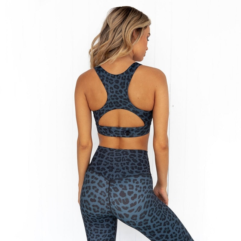 Women Yoga Set Leopard  Bras High Waist Legging Gym Outfits Running Workout - KiwisLove