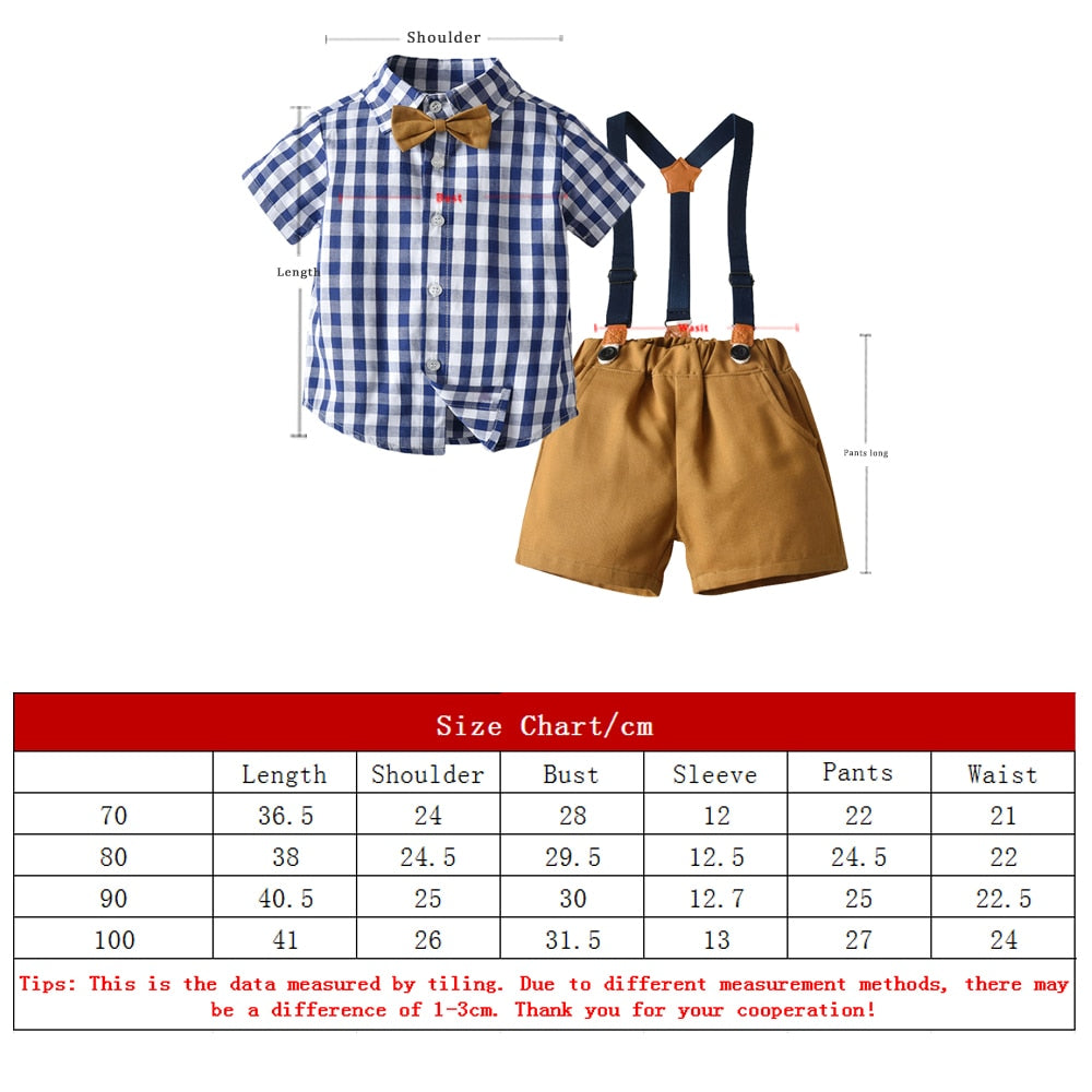 Boys Sets Cotton Plaid Short Sleeve Shirt+Suspenders Shorts Baby 2Pcs Suit - KiwisLove