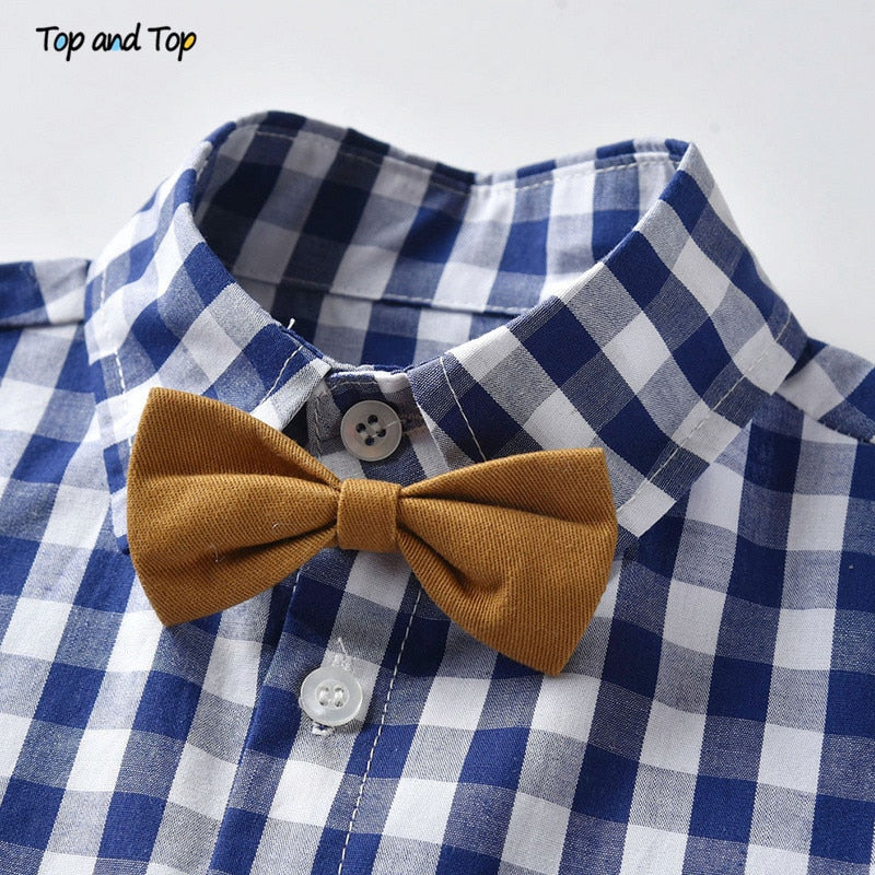 Boys Sets Cotton Plaid Short Sleeve Shirt+Suspenders Shorts Baby 2Pcs Suit - KiwisLove