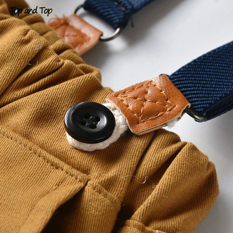 Boys Sets Cotton Plaid Short Sleeve Shirt+Suspenders Shorts Baby 2Pcs Suit - KiwisLove