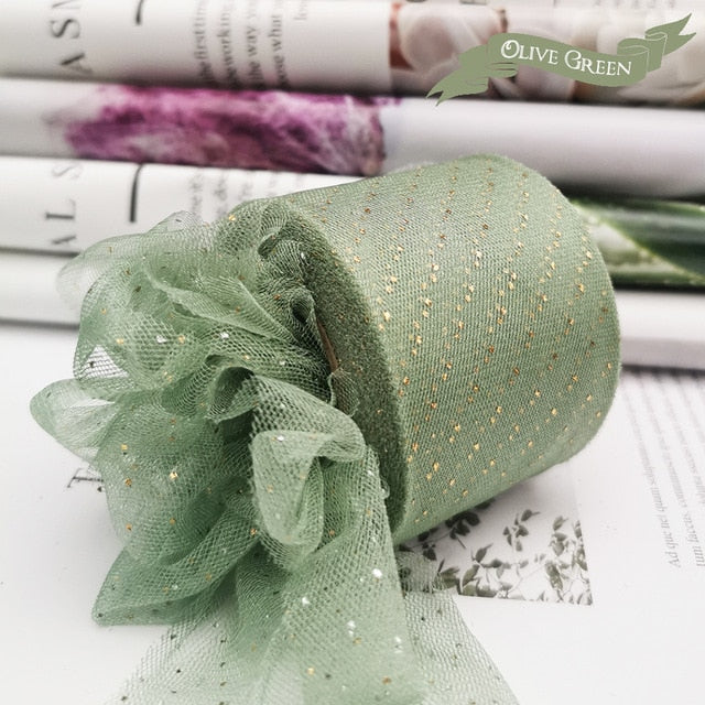 6cm 25Yards Golden Dotted Tulle Glitter Ribbon Organza Mesh Fabric Belt - KiwisLove