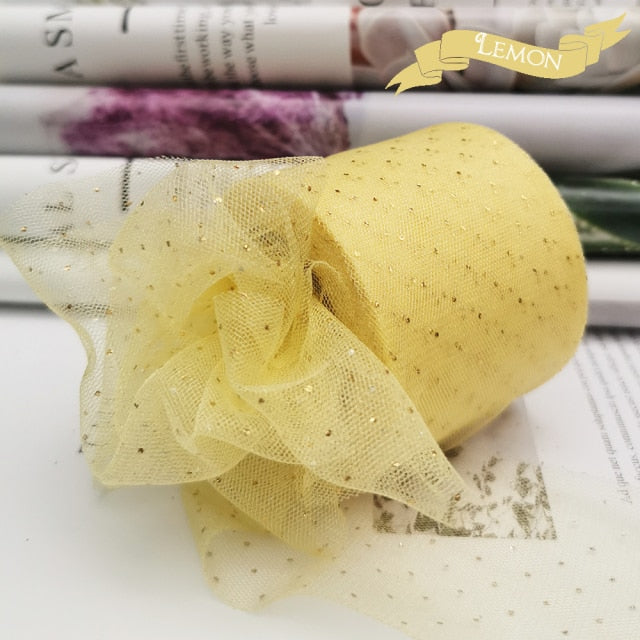 6cm 25Yards Golden Dotted Tulle Glitter Ribbon Organza Mesh Fabric Belt - KiwisLove