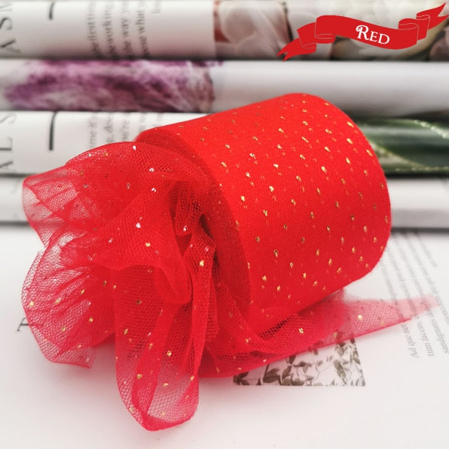 6cm 25Yards Golden Dotted Tulle Glitter Ribbon Organza Mesh Fabric Belt - KiwisLove
