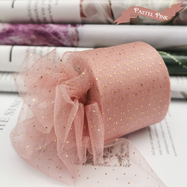 6cm 25Yards Golden Dotted Tulle Glitter Ribbon Organza Mesh Fabric Belt - KiwisLove