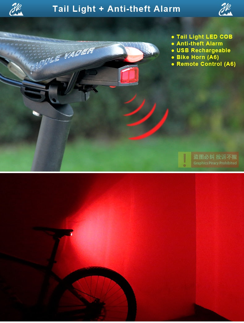 Bicycle Rear Light + Anti-theft Alarm USB Charge Wireless Remote Control LED Tail Lamp Bike Finder Lantern Horn Siren Warning A6 - KiwisLove