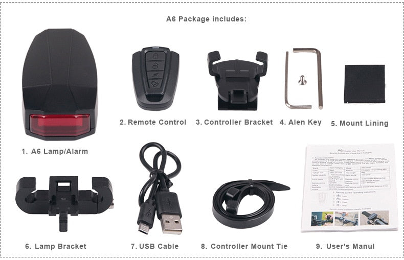 Bicycle Rear Light + Anti-theft Alarm USB Charge Wireless Remote Control LED Tail Lamp Bike Finder Lantern Horn Siren Warning A6 - KiwisLove