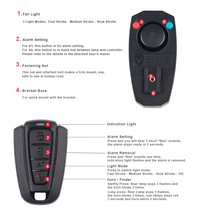 Bicycle Rear Light + Anti-theft Alarm USB Charge Wireless Remote Control LED Tail Lamp Bike Finder Lantern Horn Siren Warning A6 - KiwisLove