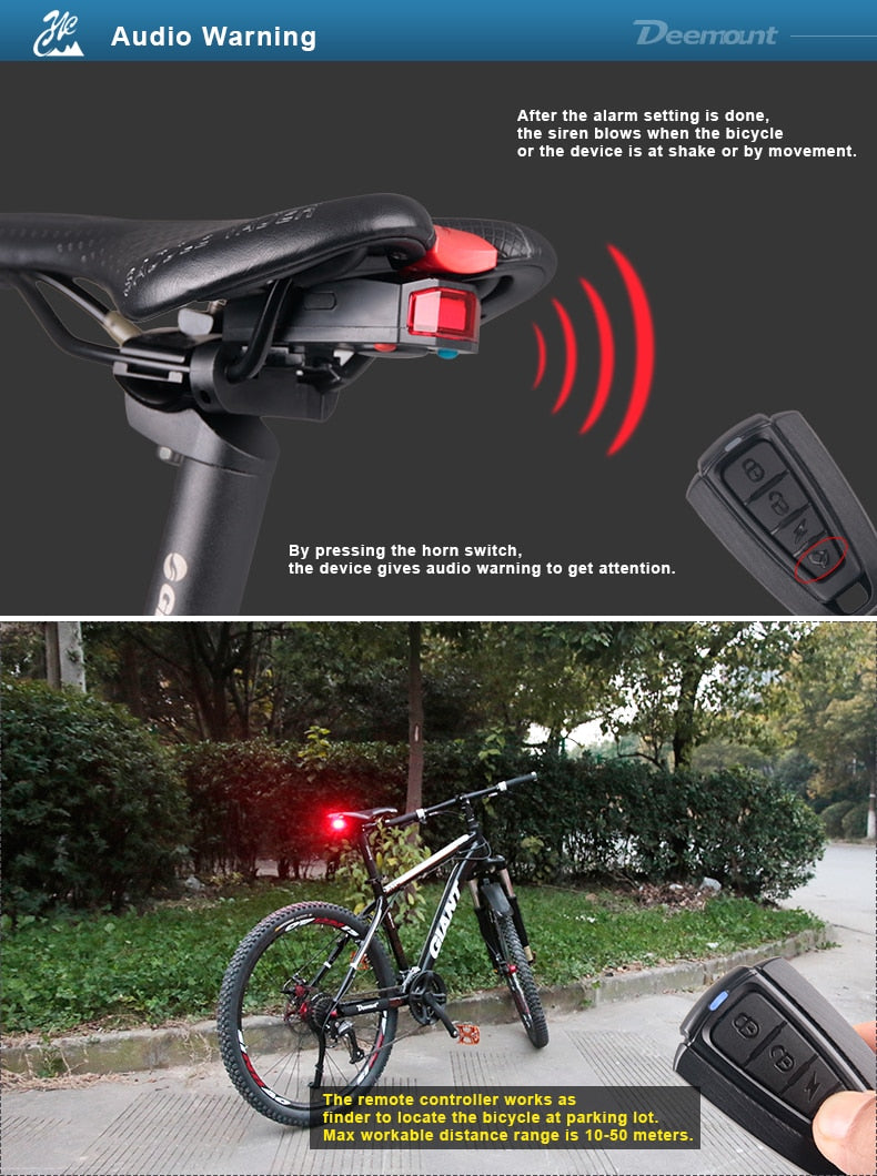Bicycle Rear Light + Anti-theft Alarm USB Charge Wireless Remote Control LED Tail Lamp Bike Finder Lantern Horn Siren Warning A6 - KiwisLove