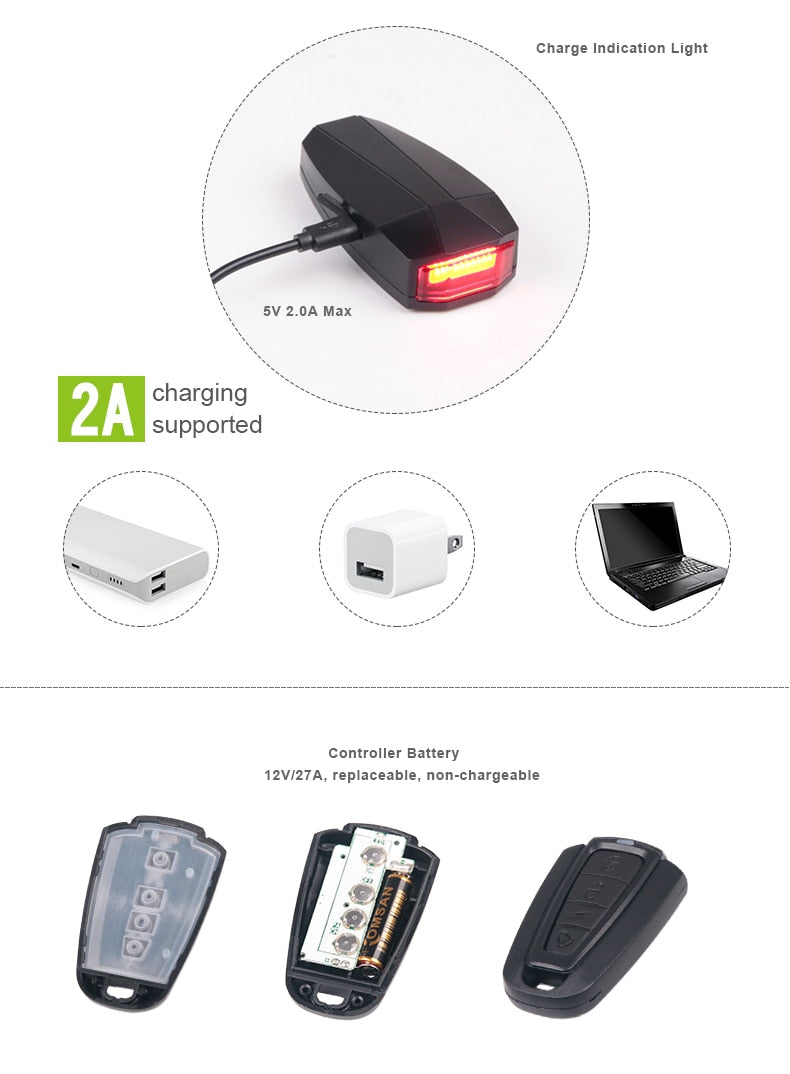 Bicycle Rear Light + Anti-theft Alarm USB Charge Wireless Remote Control LED Tail Lamp Bike Finder Lantern Horn Siren Warning A6 - KiwisLove