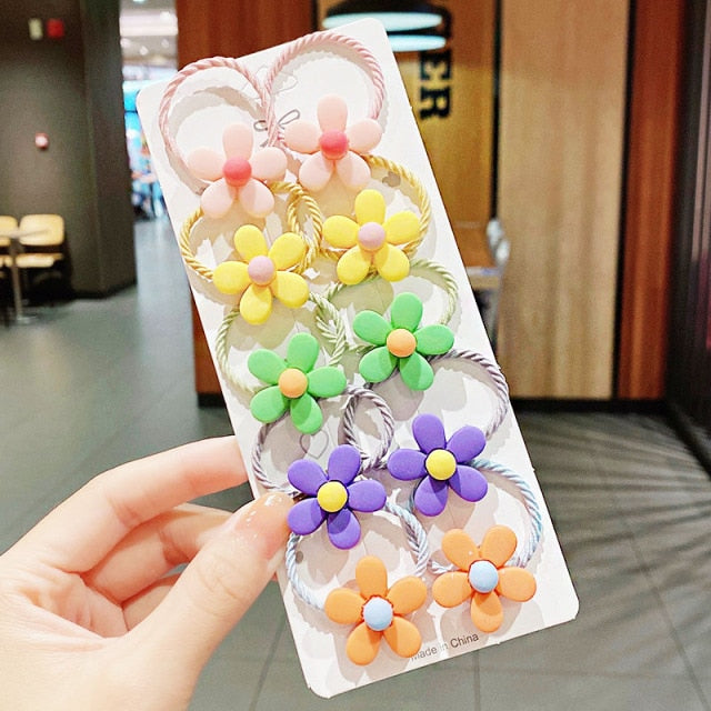 10PCS kids Cartoon Flower Small Scrunchie Lovely Rubber Bands Ponytail Holder - KiwisLove