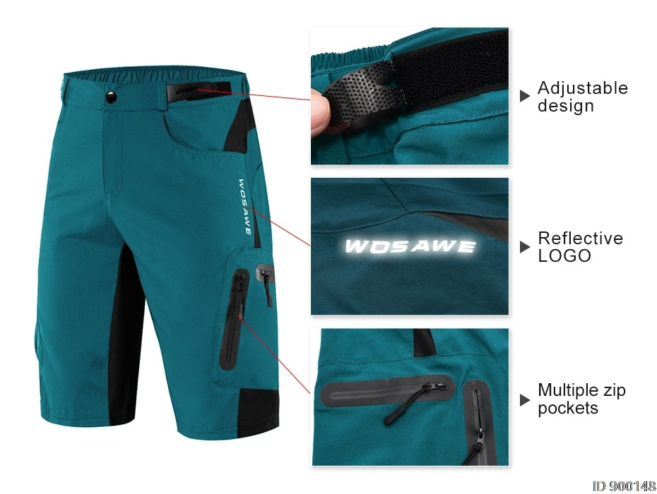 WOSAWE Men Padded Baggy Cycling Shorts Reflective MTB Mountain Bike Bicycle Riding Trousers Water Resistant Loose Fit Shorts - KiwisLove