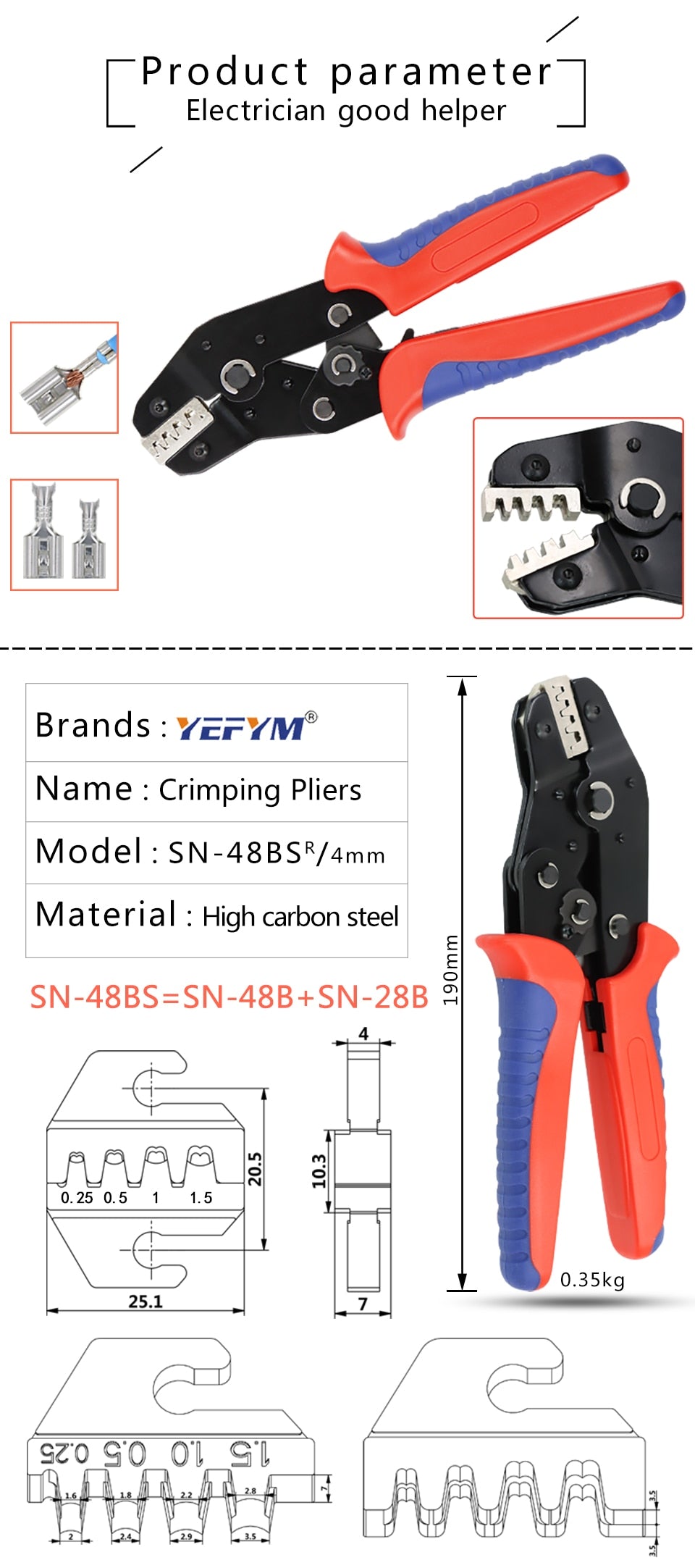 Crimping Pliers Set SN-48BS(=SN-48B+SN-28B) Jaw Kit for 2.8 4.8 6.3 VH3.96/Tube/Insulation Terminals Electrical Clamp Min Tools - KiwisLove