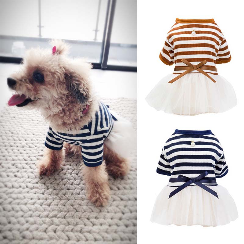 Princess Wedding Dog Dress Stripe Dog Clothes For Small Dogs Yorkshire Chihuahua Apparel with Ribbon Bowknot - KiwisLove