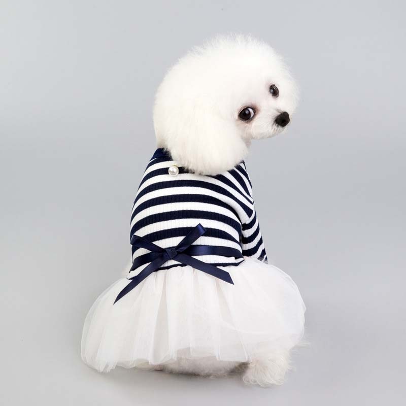 Princess Wedding Dog Dress Stripe Dog Clothes For Small Dogs Yorkshire Chihuahua Apparel with Ribbon Bowknot - KiwisLove