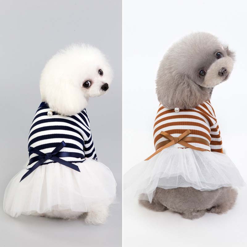 Princess Wedding Dog Dress Stripe Dog Clothes For Small Dogs Yorkshire Chihuahua Apparel with Ribbon Bowknot - KiwisLove