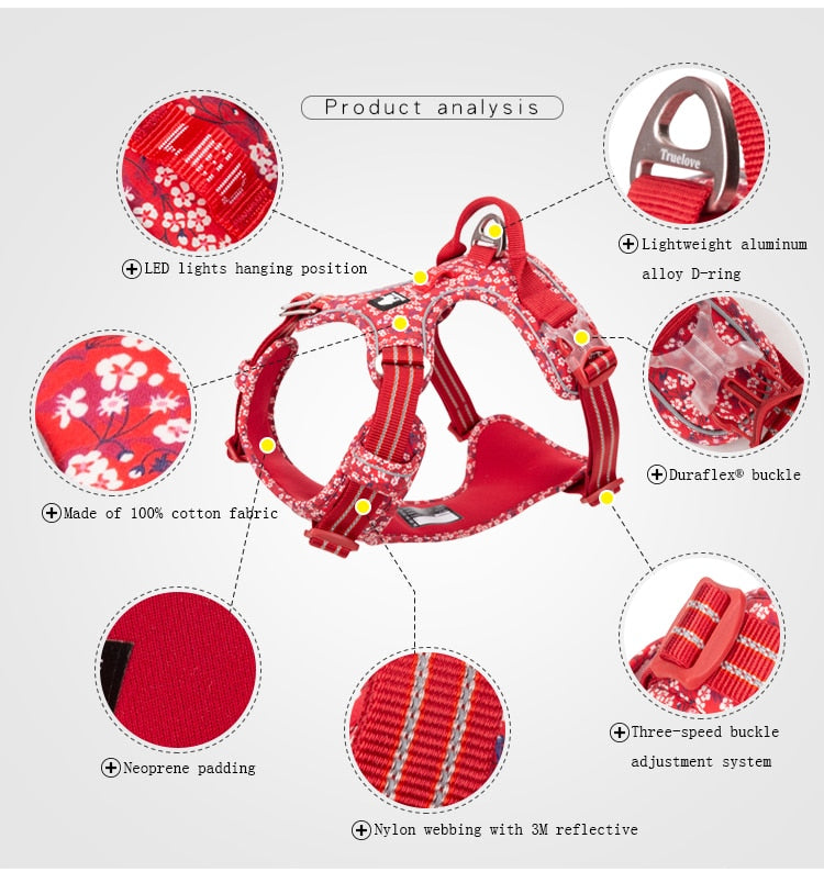 Truelove Dog Harness Floral No Pull Cotton Fabric Breathable and Reflective Soft Cats Dogs Small Medium Walking Running TLH5655 - KiwisLove