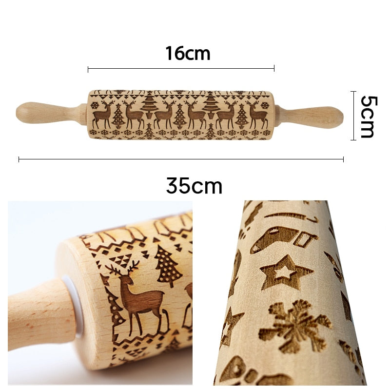 Christmas Embossing Rolling Pin Baking Cookies Noodle Biscuit Fondant Cake Dough Engraved Roller Reindeer Elk 35*5cm - KiwisLove