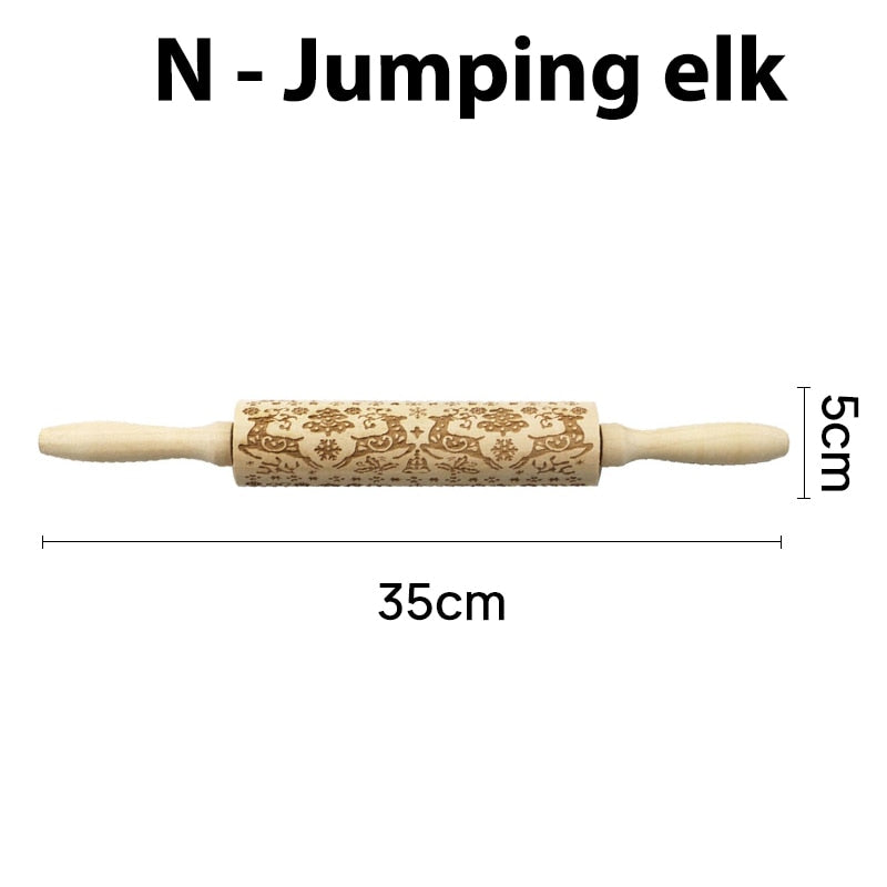 Christmas Embossing Rolling Pin Baking Cookies Noodle Biscuit Fondant Cake Dough Engraved Roller Reindeer Elk 35*5cm - KiwisLove