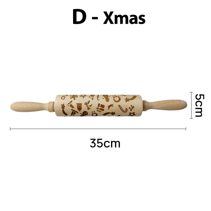 Christmas Embossing Rolling Pin Baking Cookies Noodle Biscuit Fondant Cake Dough Engraved Roller Reindeer Elk 35*5cm - KiwisLove