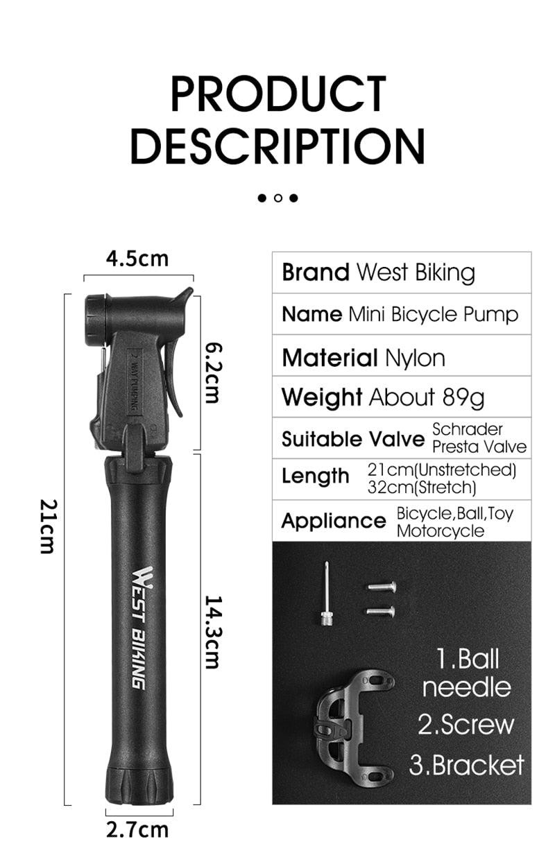 WEST BIKING Hand Mini Bicycle Pump Tire Air Inflator Schrader Presta Valve Ball Needle Hose MTB Accessories Portable Bike Pump - KiwisLove