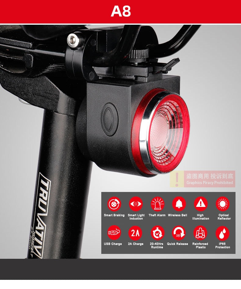 Rechargeable Rear Bicycle Light Brake Bike Tail Lamp Wireless Remote Control Cycling Taillight Anti-theft Burglar Alarm Bell - KiwisLove