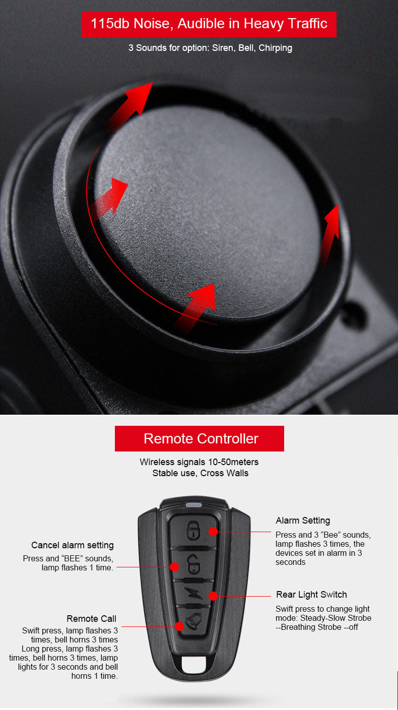 Rechargeable Rear Bicycle Light Brake Bike Tail Lamp Wireless Remote Control Cycling Taillight Anti-theft Burglar Alarm Bell - KiwisLove