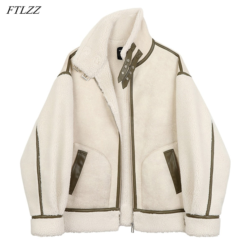 FTLZZ Winter Lambs Wool Splicing PU Leather Jacket Women Fur Collar Warm Thick Parkes Stand Collar Faux Lamb Loose Leather Coat - KiwisLove