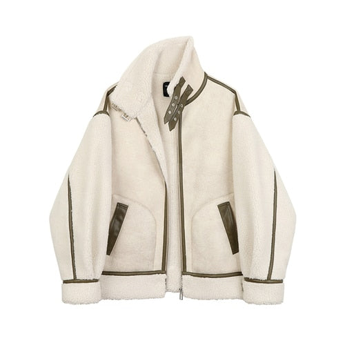 FTLZZ Winter Lambs Wool Splicing PU Leather Jacket Women Fur Collar Warm Thick Parkes Stand Collar Faux Lamb Loose Leather Coat - KiwisLove