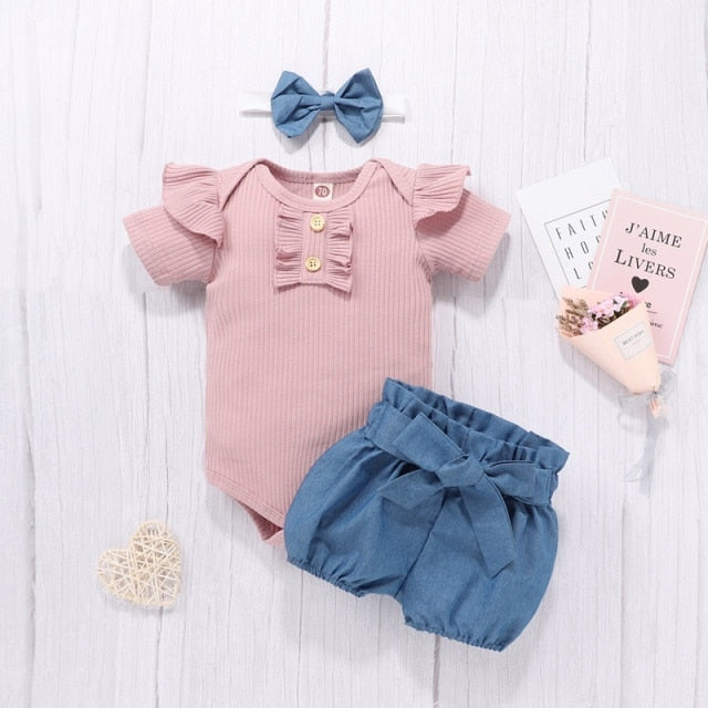 Short Sleeve Flare Romper+ Dress + Headband set - KiwisLove