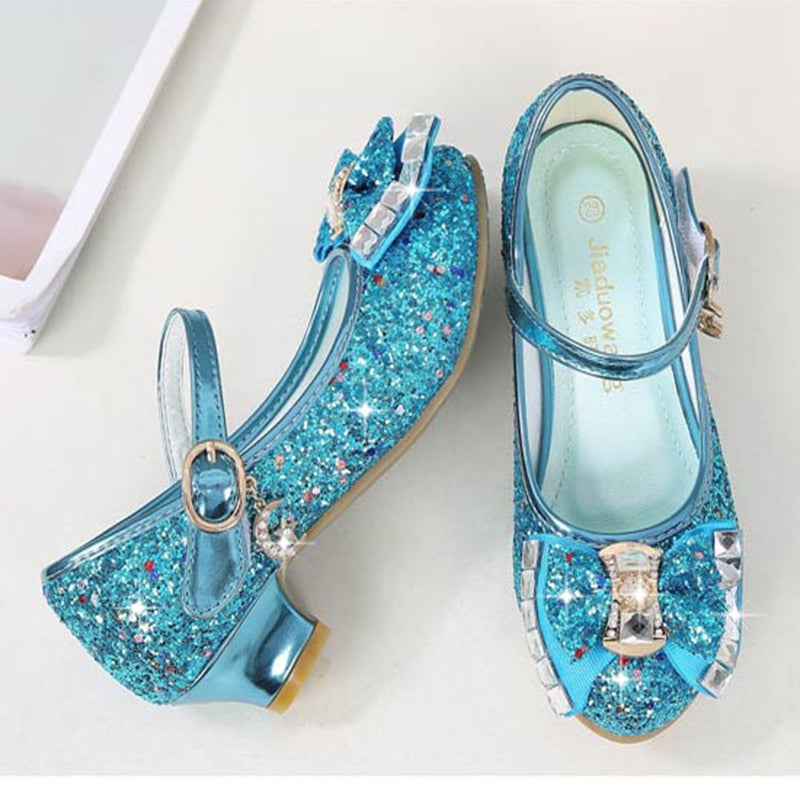 Princess Kids Leather Shoes Flower Casual Glitter High Heel Girls Shoes Butterfly Knot - KiwisLove