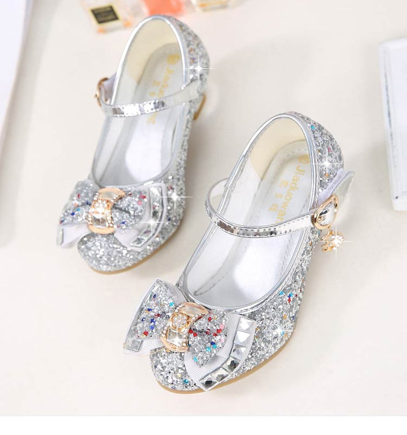 Princess Kids Leather Shoes Flower Casual Glitter High Heel Girls Shoes Butterfly Knot - KiwisLove