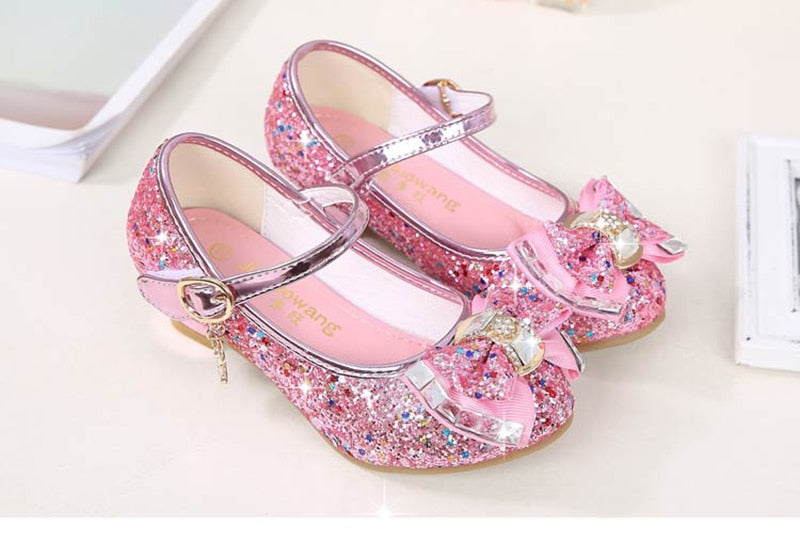 Princess Kids Leather Shoes Flower Casual Glitter High Heel Girls Shoes Butterfly Knot - KiwisLove