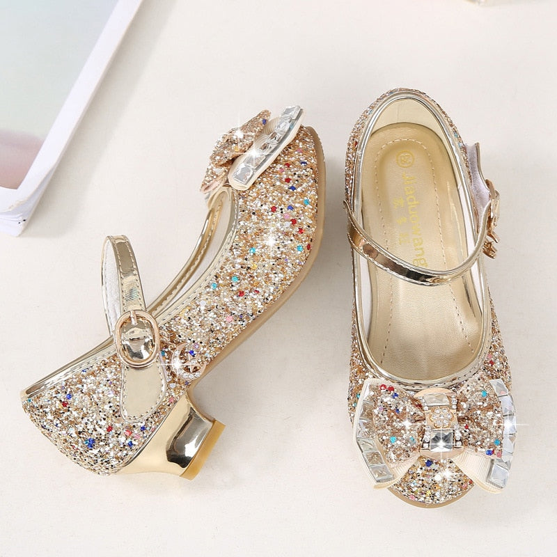 Princess Kids Leather Shoes Flower Casual Glitter High Heel Girls Shoes Butterfly Knot - KiwisLove