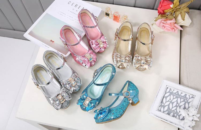 Princess Kids Leather Shoes Flower Casual Glitter High Heel Girls Shoes Butterfly Knot - KiwisLove