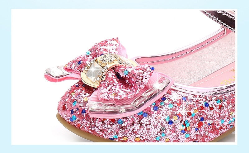 Princess Kids Leather Shoes Flower Casual Glitter High Heel Girls Shoes Butterfly Knot - KiwisLove