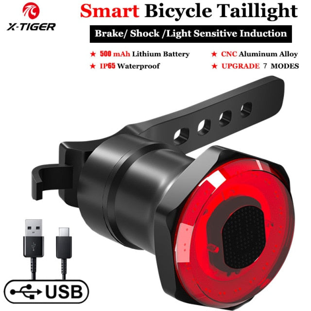 X-Tiger Bike Rear Light IPx6 Waterproof LED Charging Bicycle Smart Auto Brake Sensing Light Accessories Bike Taillight Light - KiwisLove