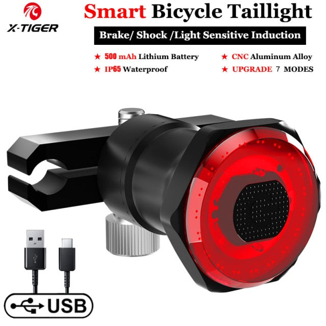 X-Tiger Bike Rear Light IPx6 Waterproof LED Charging Bicycle Smart Auto Brake Sensing Light Accessories Bike Taillight Light - KiwisLove