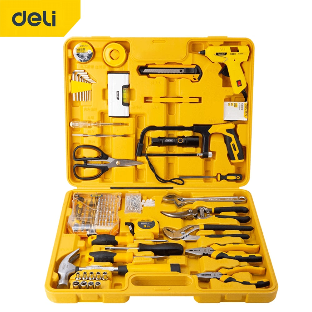 DELI Hand Tool Set Household Hand Tool Set With Storage Tool Box Daily Maintenance Tape Measure Wrench Screwdriver Tool Set - KiwisLove
