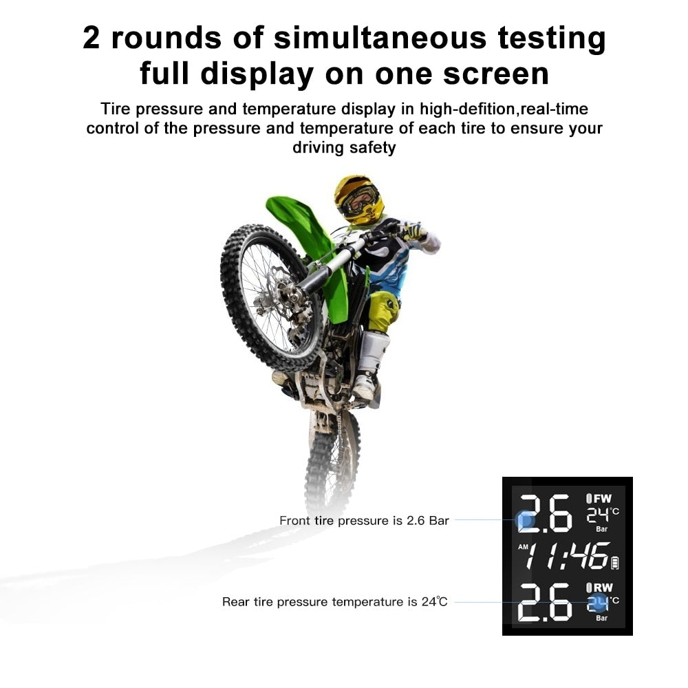 Motorcycle TPMS Motor Tire Pressure Tyre Temperature Monitoring Alarm System with 2 External Sensors USBCharging motos - KiwisLove